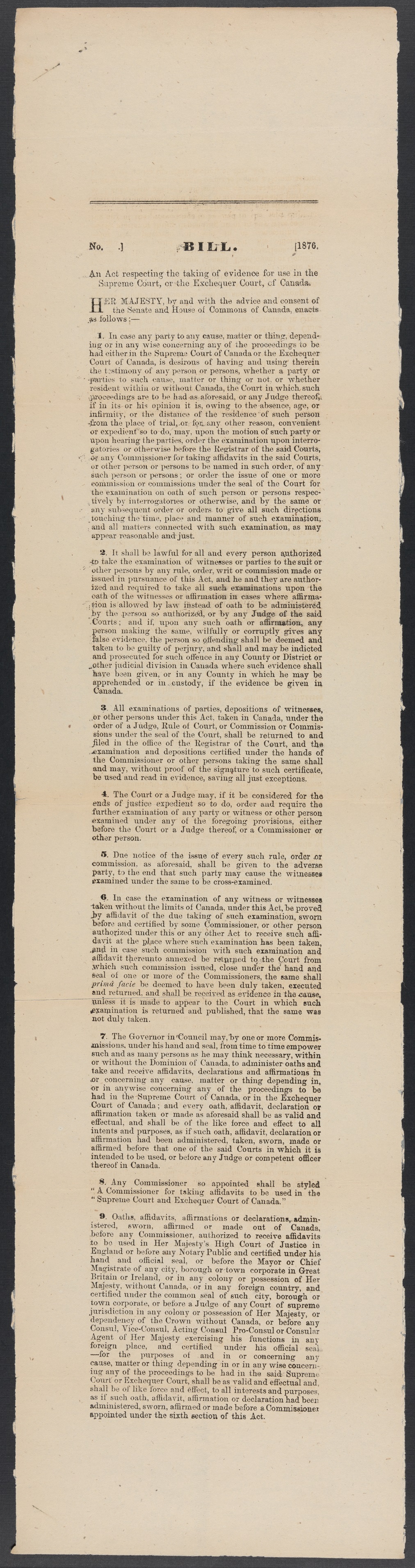 La première page de L’Acte de la Cour Suprême et de l’Échiquier, intitulé en anglais « An Act respecting the taking of evidence for use in the Supreme Court, or the Exchequer Court, of Canada ». 