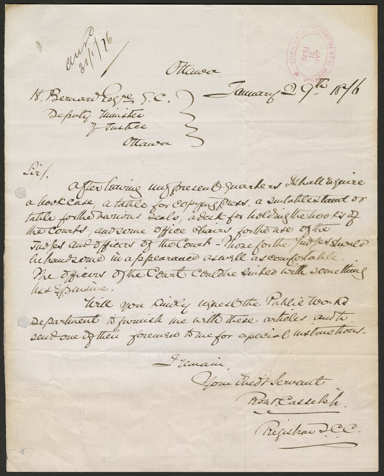 Lettre écrite à la main de Robert Cassels, Registraire de la Cour suprême, au sous-ministre de la Justice, datée du 29 janvier 1876. Elle porte une étampe datée du ministère de la Justice.