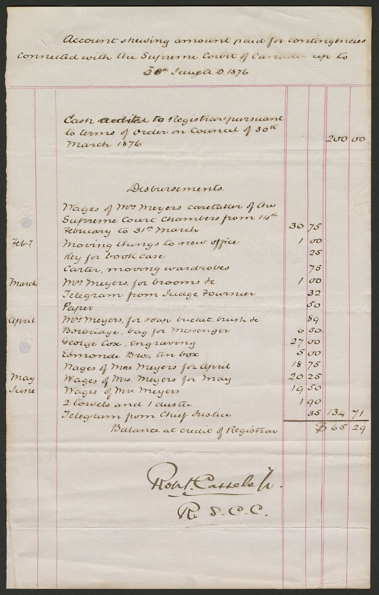 Un registre de comptabilité intitulé en anglais « Account showing amount paid for contingencies connected with the Supreme Court of Canada up to 30th June A.D. 1876 ». Il énumère un crédit de 200 $ et plusieurs dépenses, notamment du mobilier de bureau, de télégrammes et la paie de la concierge de la Cour suprême du Canada, Mme Meyers.