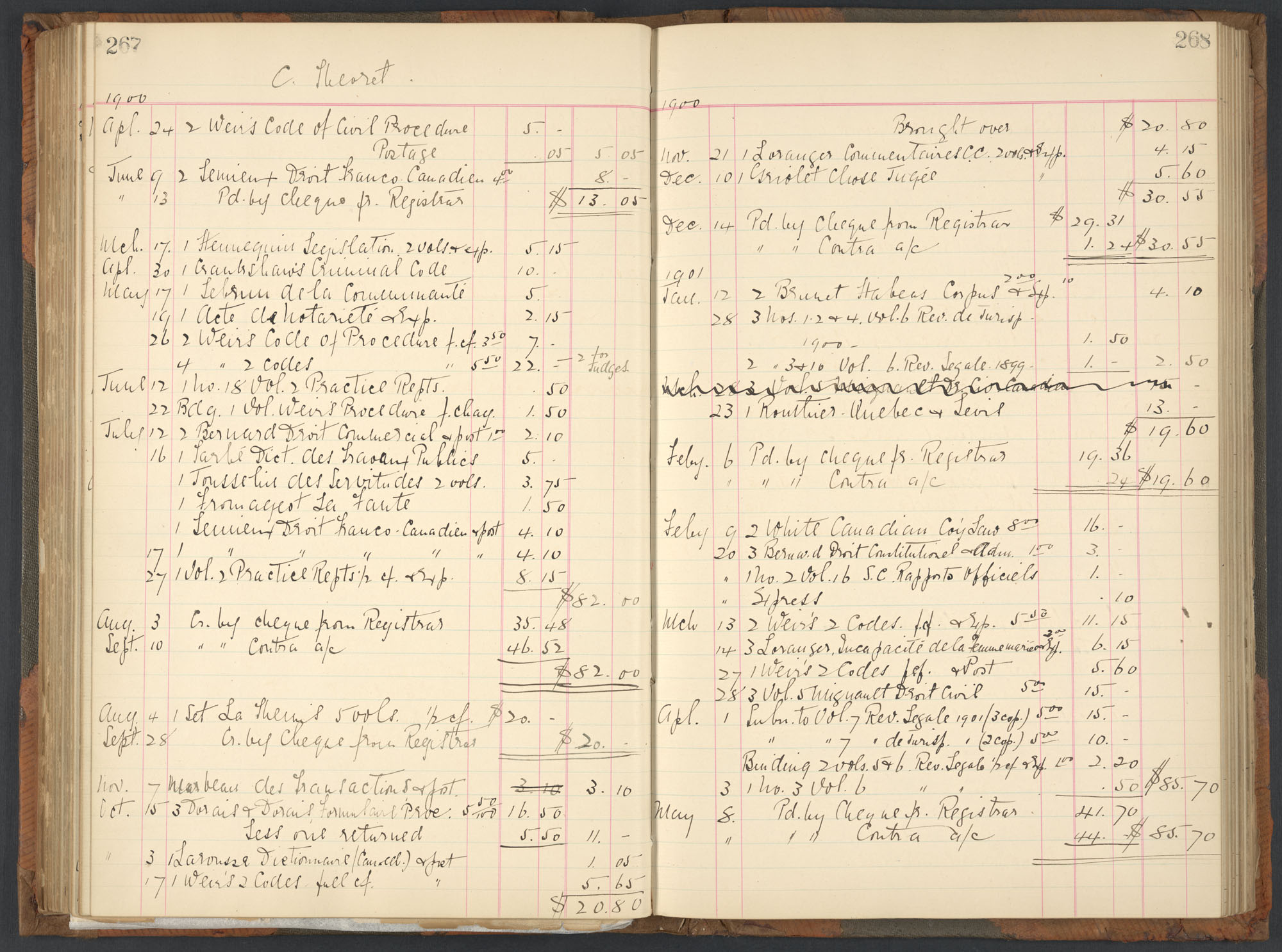 Registre des livres achetés pour la bibliothèque de la Cour suprême. Des inscriptions en anglais énumèrent plusieurs publications achetées avec les coûts associés.