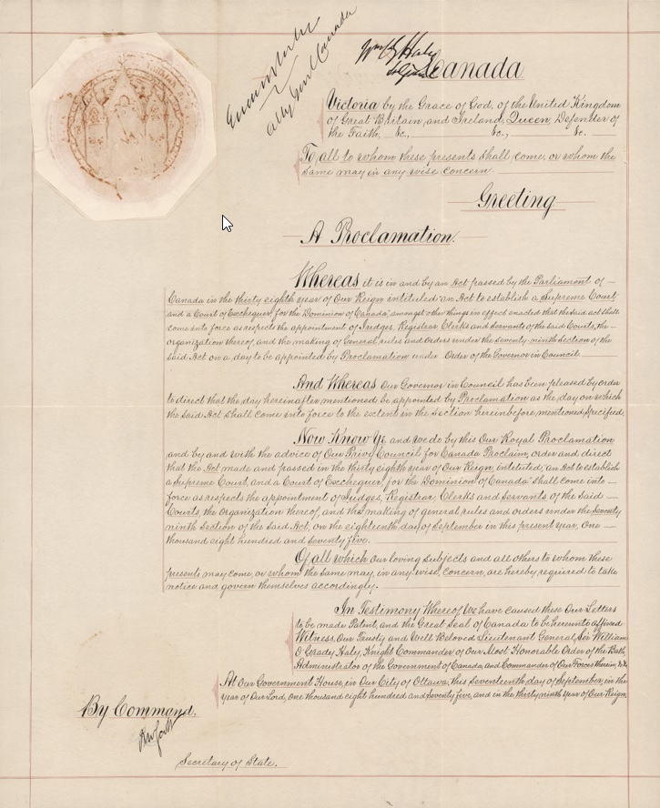 La proclamation de L’Acte de la Cour Suprême et de l’Échiquier qui porte 3 signatures.