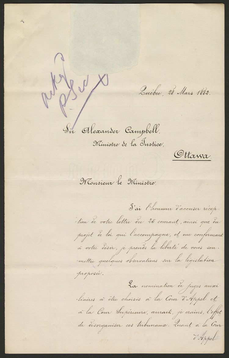 Une lettre écrite en français et adressée à sir Alexander Campbell, ministre de la Justice. La lettre porte une annotation écrite à la main qui dit “Ackg P.Sec”  