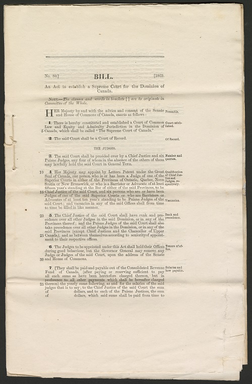 Le projet de la Loi sur la Cour suprême, intitulé en anglais « An Act to establish a Supreme Court for the Dominion of Canada ».