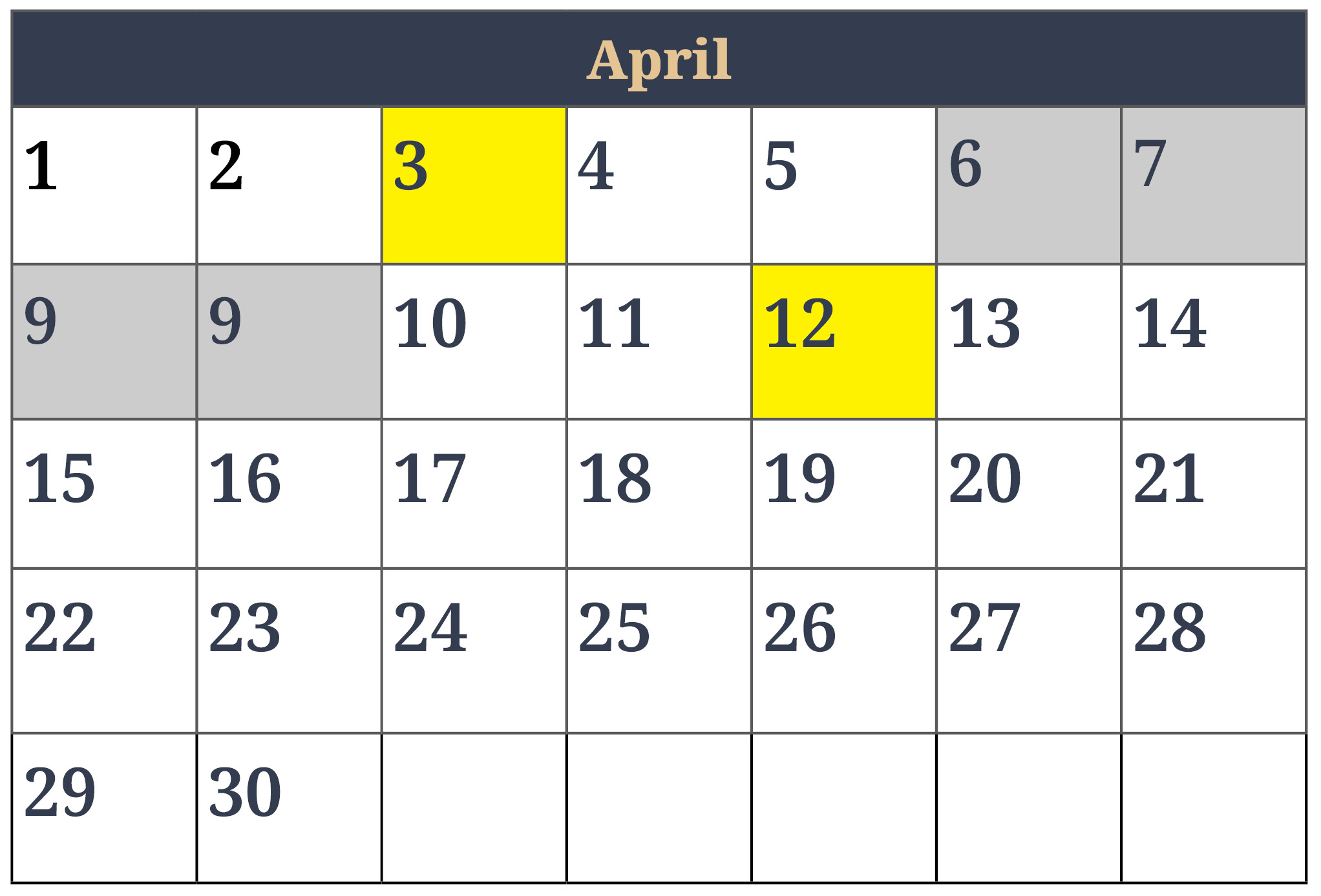 The month of April (30 days) is represented in a calendar view. Tuesday April 3 and Thursday April 12 are highlighted in yellow to show the 5 day period. Friday April 6, Saturday April 7, Sunday April 8 and Monday April 9 are shaded because it is not counted in the computation of time.