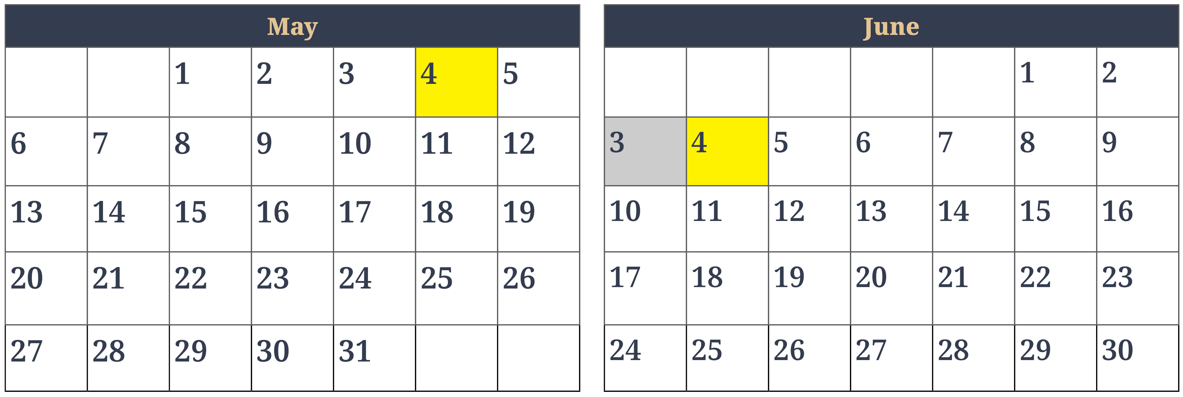 The months of May (31 days) and June (30 days) are represented side by side in a calendar view. Friday May 4 and Monday June 4 are highlighted in yellow to show the 30 day period. Sunday June 3 is shaded because it is not counted in the computation of time.