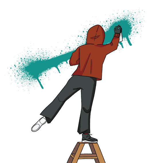 Une illustration d’une personne vue de dos qui est debout sur un escabeau pour peinturer en aérosol