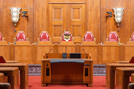 Amicus assis sur la chaise centrale du banc des juges