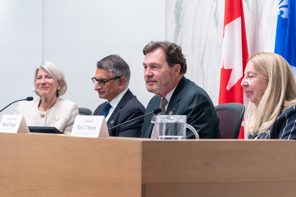 Le juge en chef, les juges Jamal et Moreau et Manon Savard, juge en chef de la Cour d’appel du Québec, répondent aux questions des étudiants en droit.