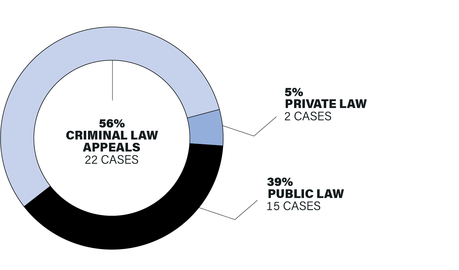 A pie chart showing that 39% of appeals heard were public law appeals, or 15 cases; 56% of appeals were criminal law appeals, or 22 cases, and; 5% of appeals were private law appeals, or 2 cases.