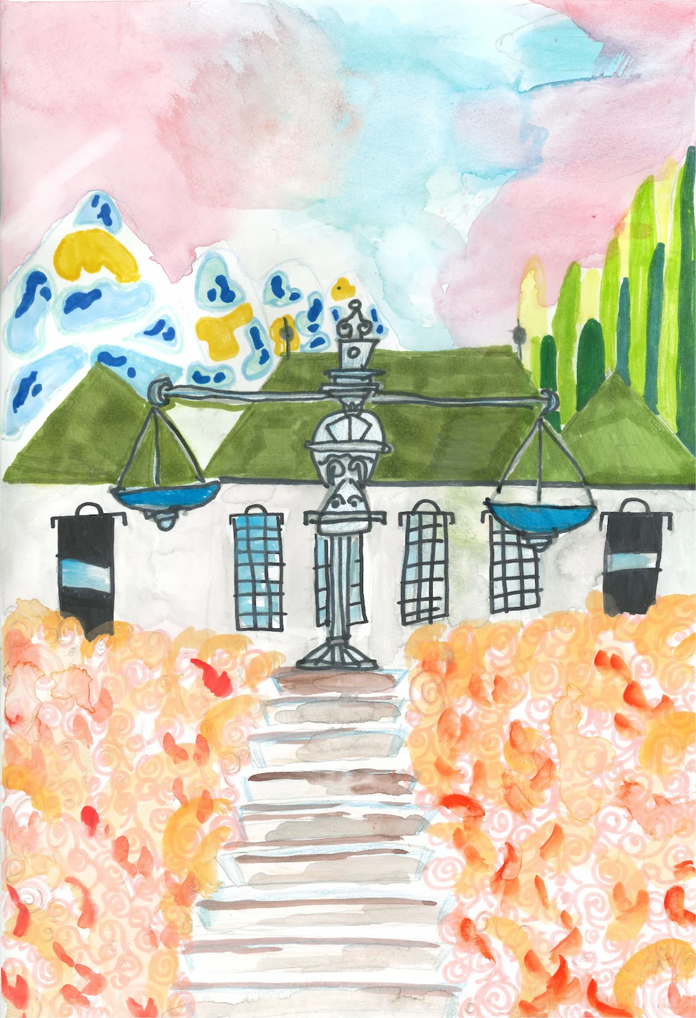 Une représentation de l’édifice de la Cour suprême à l’aquarelle et au marqueur. Une grande balance se trouve en haut des escaliers devant l’édifice et des vagues de couleur orange décorent la pelouse devant la Cour.  