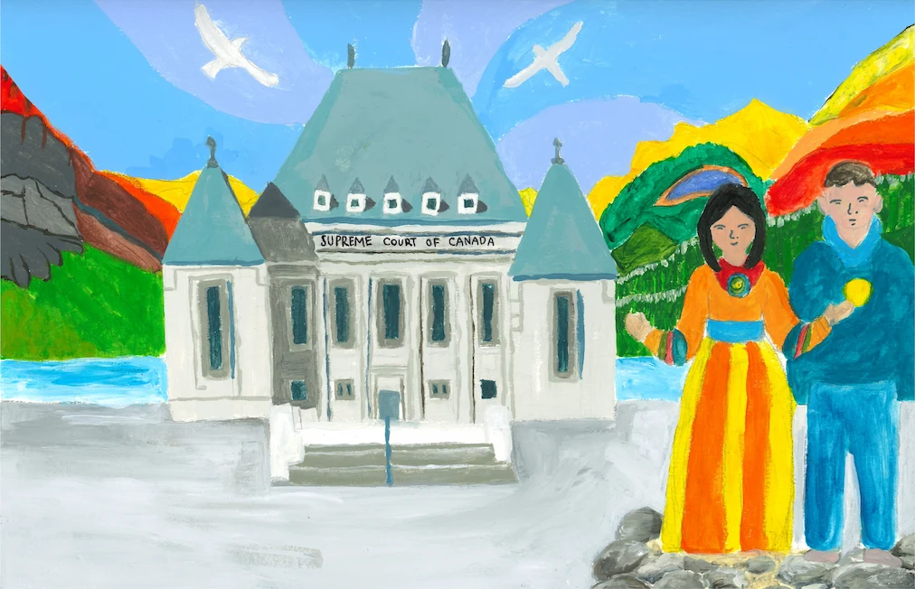 Une représentation peinte de l’édifice de la Cour suprême. 2 personnes en vêtements traditionnels autochtones se tiennent devant l’édifice. Derrière l’édifice, il y a des montagnes colorées et des oiseaux dans le ciel.  