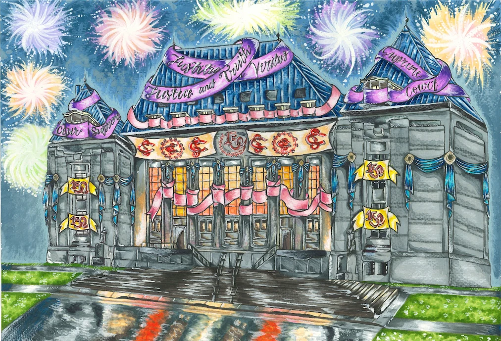 Une représentation de l’édifice de la Cour suprême, réalisée au crayon de couleur et à l’encre. L’édifice est reflété sur le trottoir mouillé. Des bannières décorent l’édifice et des feux d’artifice apparaissent dans le ciel au-dessus. 