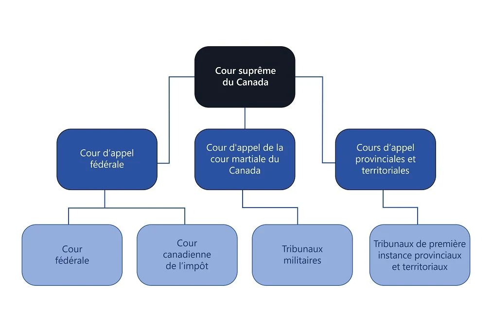 Une pyramide montrant comment les dossiers se rendent à la Cour suprême du Canada. Au sommet de la pyramide se trouve la Cour suprême du Canada. Au deuxième niveau de la pyramide, qui alimente la Cour suprême du Canada, se trouvent la Cour d’appel fédérale, la Cour d’appel de la cour martiale du Canada et les cours d’appel provinciales et territoriales. Au bas de la pyramide se trouvent la Cour fédérale, la Cour canadienne de l’impôt, les tribunaux militaires et les tribunaux de première instance provinciaux et territoriaux.