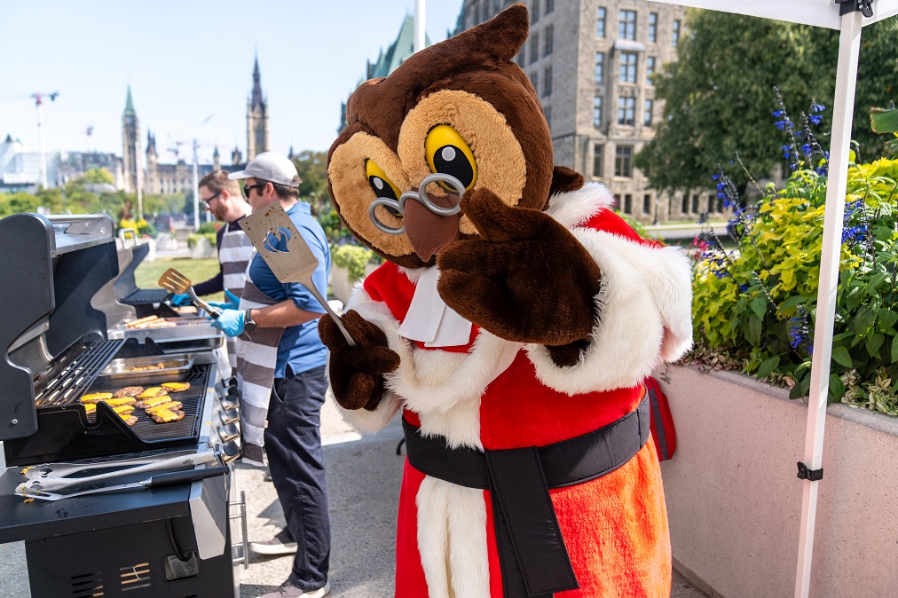 Amicus, la mascotte de la Cour suprême, fait cuire des hamburgers avec des membres du personnel lors d’un barbecue